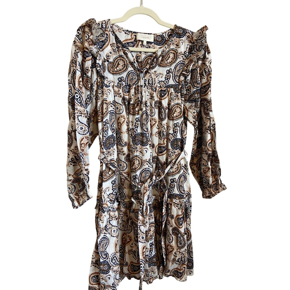 Cleobella Paisley‎ Ruffle Mini Dress Brown Navy Blue Tiered Belted Womens Large